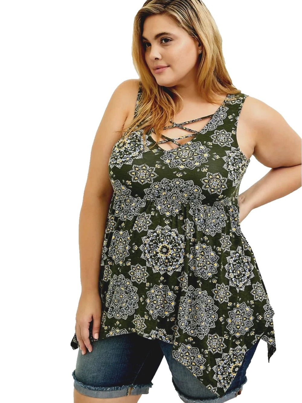 Torrid Super Soft Knits Green Medallion Mandala Handkerchief Hem Tank Top 3